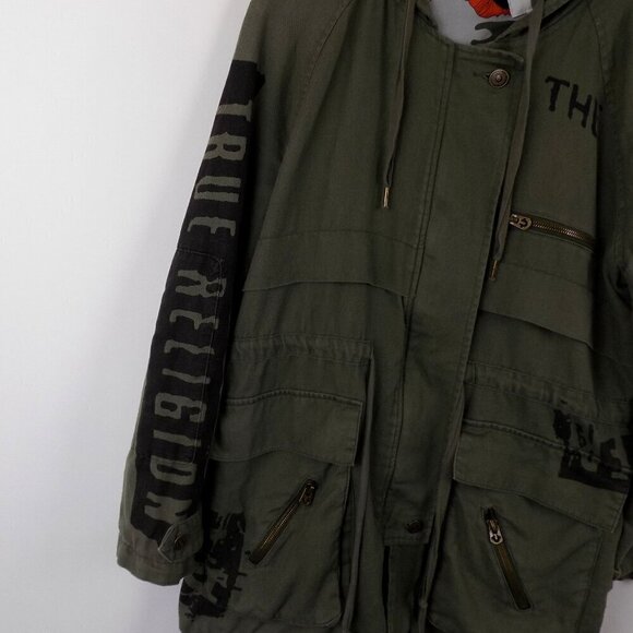True Religion Parka Jacket Military Army Green Size Small Linen Blend Hooded - Picture 7 of 10